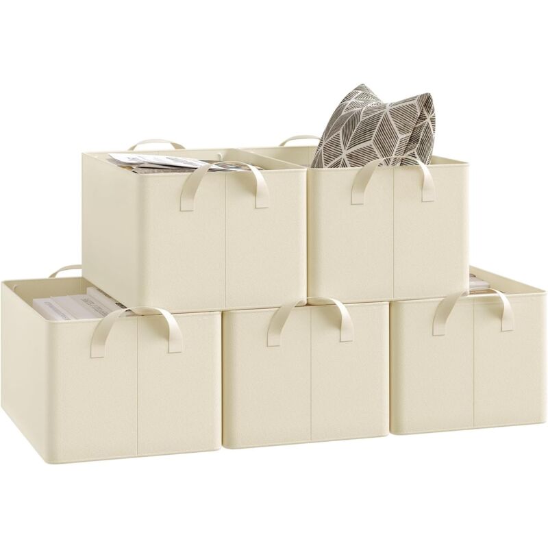 Woltu - Lot de 5 Boîtes de rangement en tissu, Cube de Rangement sans couvercle, avec poignée, Crème, 37,5x26x20 cm