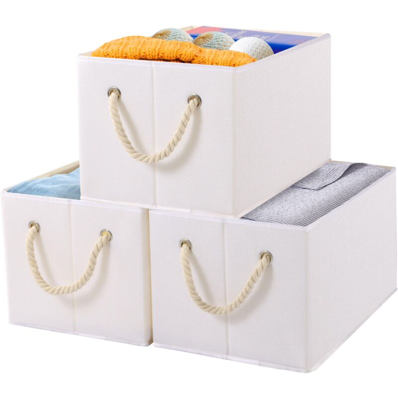 Lot de 3 Boîte de Rangement, Pliable, Tissu, Lavable, pour Chambre à Coucher, Vêtements, 33x23x20cm, Blanc