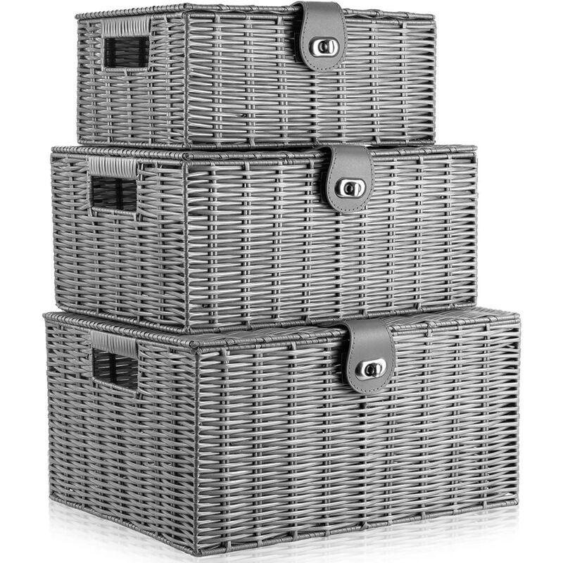 Lot de 3 Boîte de Rangement Tressée Panier Rangement Plastique avec Couvercle pour Chambre Salon Balcon Gris