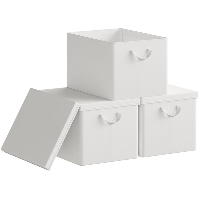 Woltu - Lot de 3 Boîte de Rangement 48x36x30 cm, avec Couvercle, Coffre de Rangement en Tissu non Tissé, Pliable, Blanc