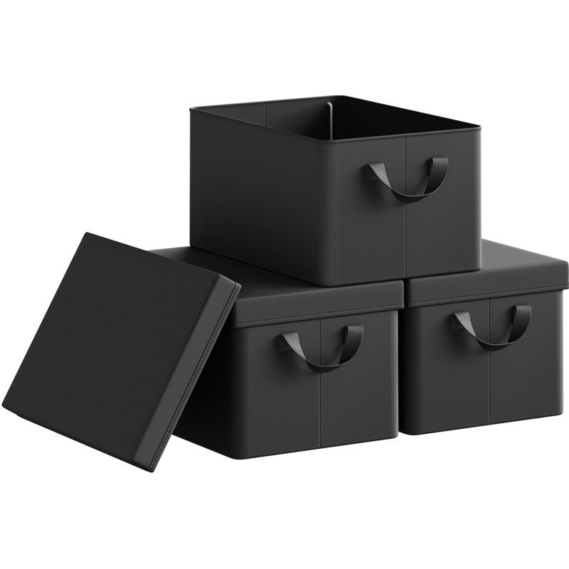 Woltu - Lot de 3 Boîte de Rangement 38x27x20 cm, avec Couvercle, Coffre de Rangement en Tissu non Tissé, Pliable, Noir