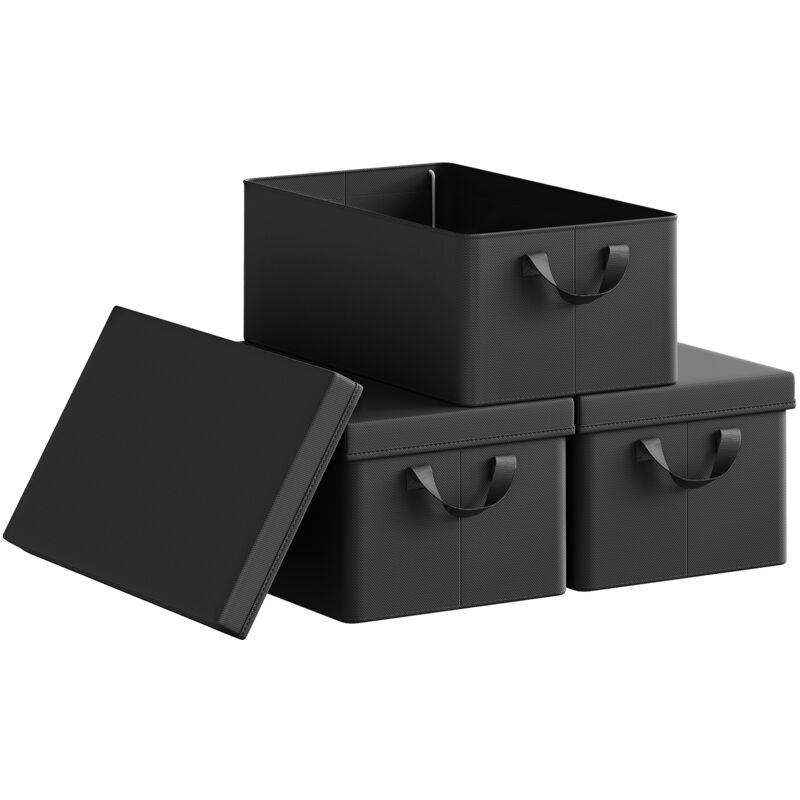 Woltu - Lot de 3 Boîte de Rangement 48x29x20 cm, avec Couvercle, Coffre de Rangement en Tissu non Tissé, Pliable, Noir