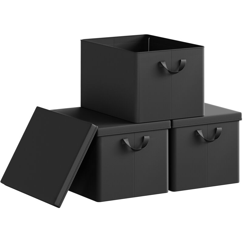 Woltu - Lot de 3 Boîte de Rangement 48x36x30 cm, avec Couvercle, Coffre de Rangement en Tissu non Tissé, Pliable, Noir