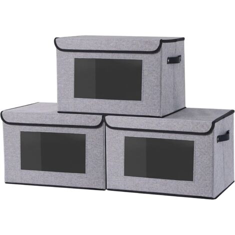 Lot de 3 Boite Rangement Tissu - Lin Gris - Couvercle et Fenêtre - Pour Armoire et Chambre - 33x23x20cm