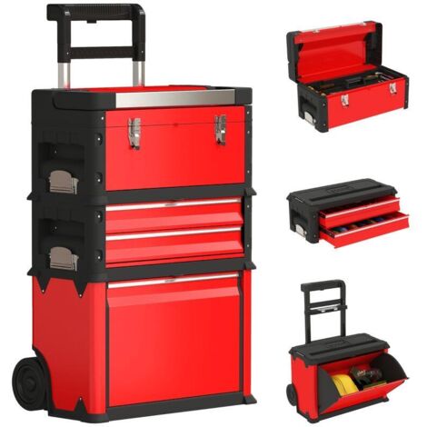 Lot de 3 boîtes à outils sur roulettes empilables et modulaires en acier avec plateau, poignées et serrure, rouge