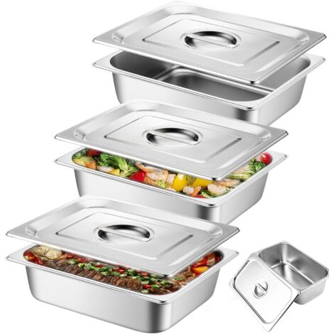 Lot de 3 boîtes à panure en acier inoxydable avec couvercle - 32,5 x 17,5 x 6,5 cm - Boîte gastronorme en acier inoxydable - Route à paner en métal - Rectangulaire - Pour paner poisson, viande