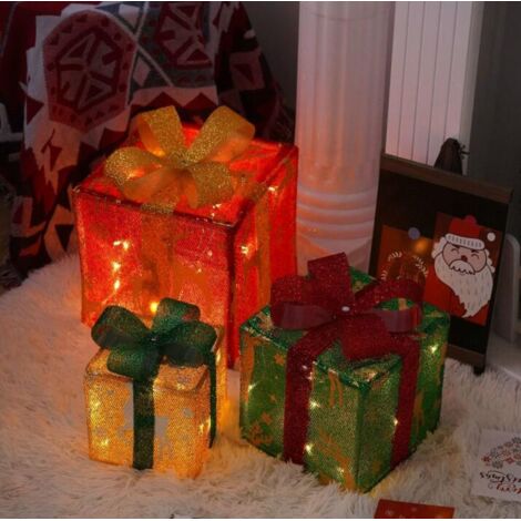 Lot de 3 boîtes cadeaux de Noël illuminées, décorations de Noël intérieures/extérieures, boîtes cadeaux avec lumières LED, décorations de sapin de Noël E