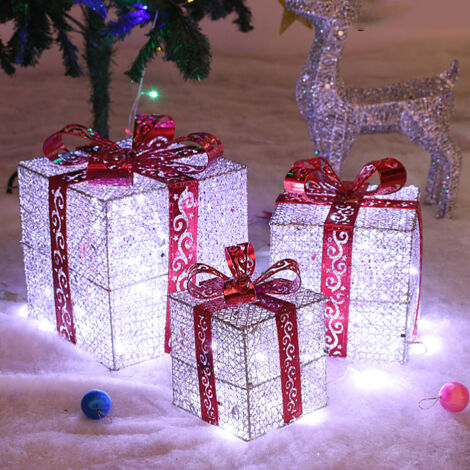 Lot de 3 boîtes cadeaux de Noël lumineux à paillettes, 3 boîtes décoratives LED, argenté, à piles
