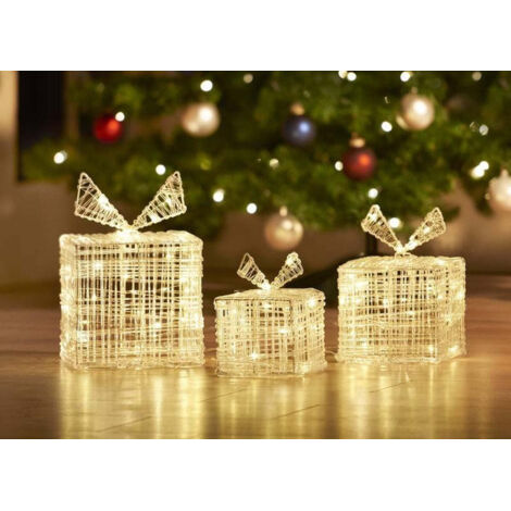 Lot de 3 boîtes cadeaux lumineuses 90 LEDs blanc chaud – Métal étanche IP44 – Alimentation électrique – Décoration intérieure/extérieure