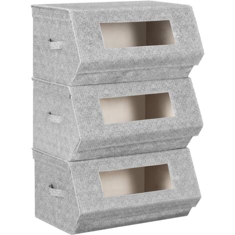 Lot de 3 Boîtes de Rangement Empilables WOLTU, Organiseurs en Tissu Pliables avec Fermeture Magnétique, Cadre Métallique et Poignées, Gris + Crème