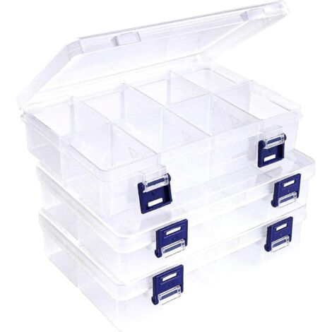 Lot de 3 boîtes de rangement en plastique - 20 x 13,5 x 4,5 cm - Boîte compartimentée pour loisirs créatifs, bijoux et perles - FM