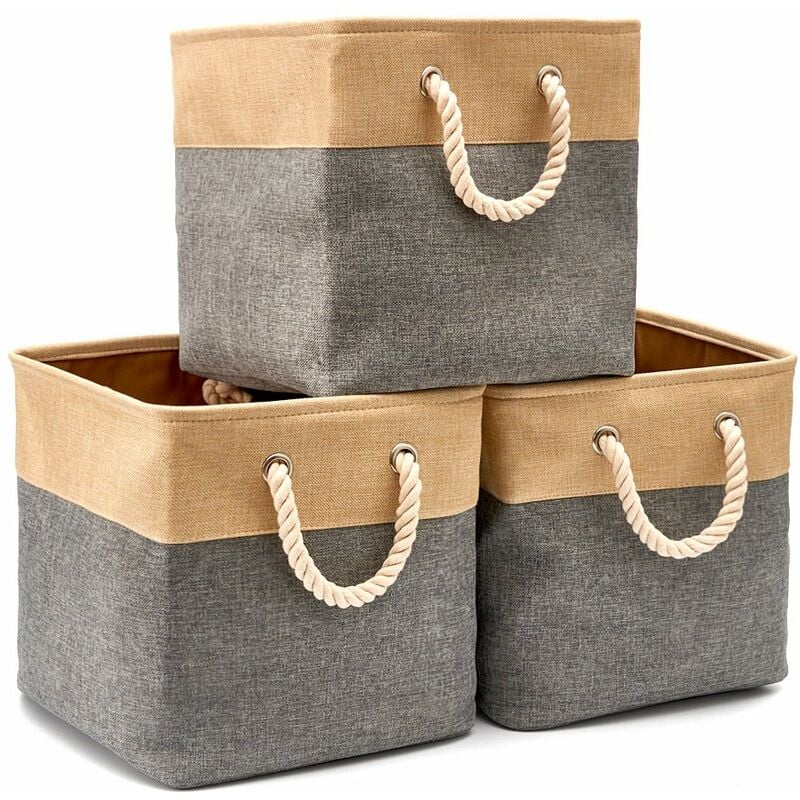 Lot de 3 Boîtes de Rangement en Toile Pliable, Paniers de Rangement avec Poignées, 33 x 33 x 33 cm, Gris et Beige Fei Yu