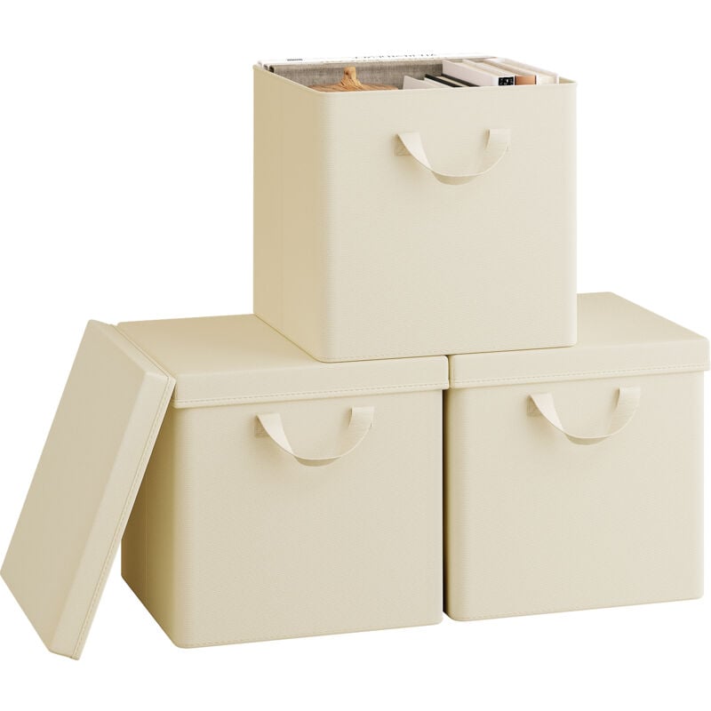 Woltu - Lot de 3 Boîtes Rangement 30x30x29 cm, Cubes de Rangement Tissu avec Couvercle, Poignée et Cadre en Métal, Pliable, Crème