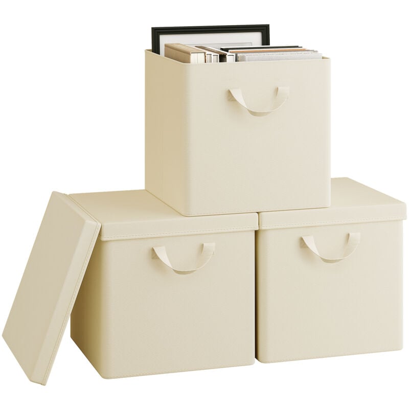 Lot de 3 Boîtes Rangement WOLTU, 33x33x31,5 cm, Cubes de Rangement Tissu avec Couvercle, Poignée et Cadre en Métal, Pliable, Crème