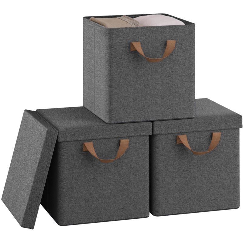 Woltu - Lot de 3 Boîtes Rangement 27x27x27 cm, Cubes de Rangement Tissu avec Couvercle, Poignée et Cadre en Métal, Pliable, Gris