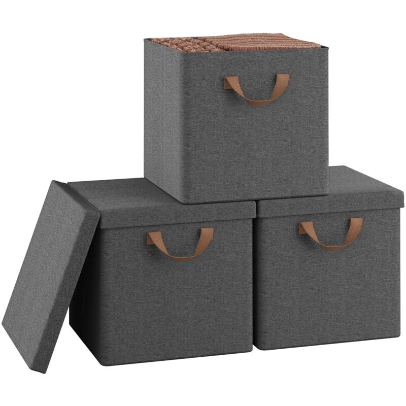 Woltu - Lot de 3 Boîtes Rangement 33x33x31,5 cm, Cubes de Rangement Tissu avec Couvercle, Poignée et Cadre en Métal, Pliable, Gris