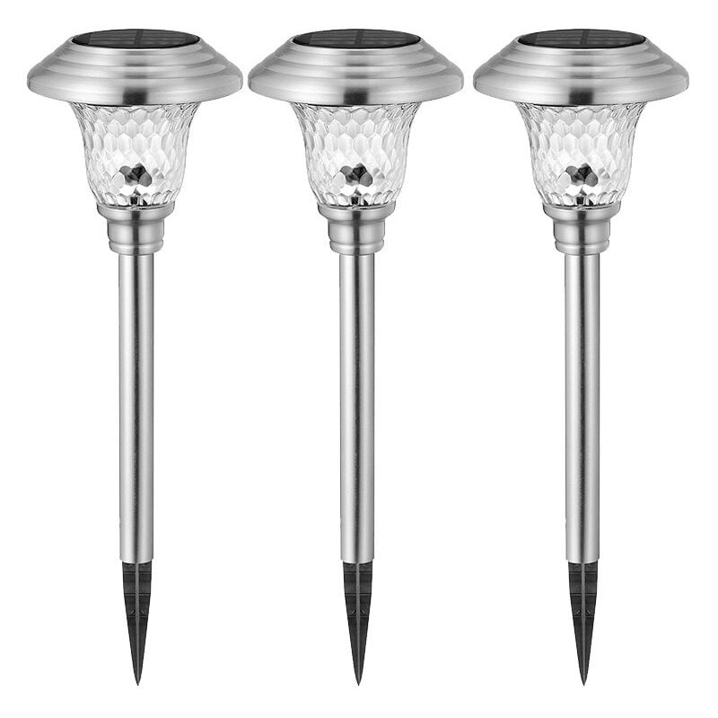 Lot de 3 bornes solaire en acier inoxydable, éclairage paysager Lanternes solaires décoratives pour extérieur, terrasse, jardin, lumière blanche