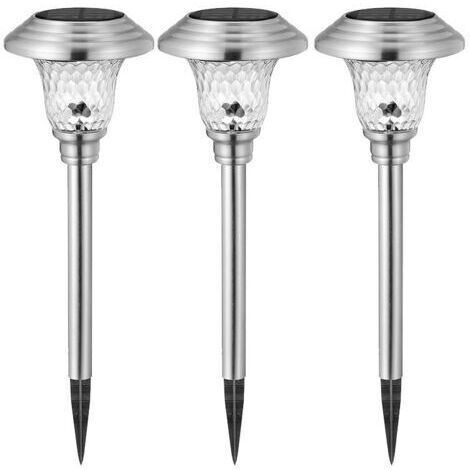 Lot de 3 bornes solaire en acier inoxydable, éclairage paysager Lanternes solaires décoratives pour extérieur, terrasse, jardin, lumière blanche