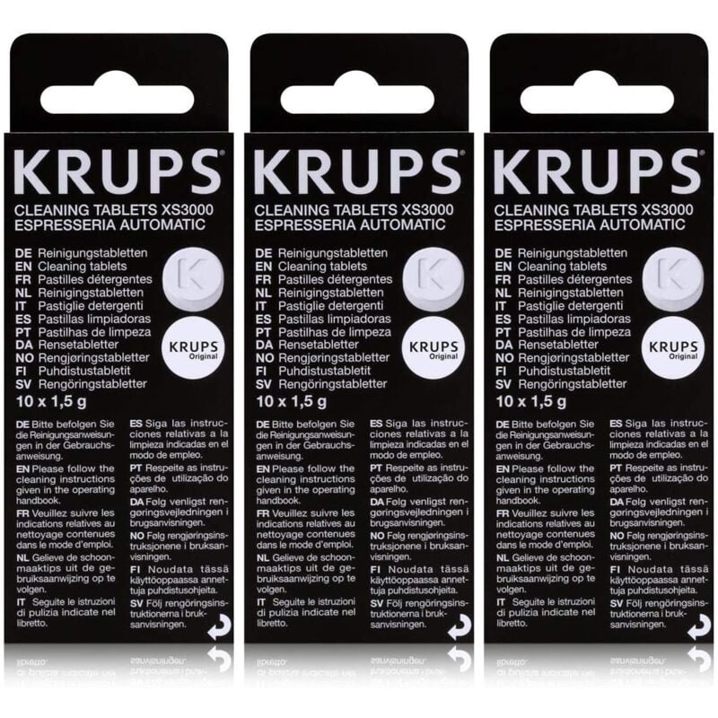 Lot de 3 boîtes de pastilles détergentes Krups Chaque boîte contient 10 pastilles de 1,5 g.