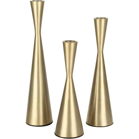 Lot de 3 bougeoirs effilés en laiton doré Bougeoirs en métal Lot de 3 bougeoirs décoratifs de table pour mariage, salle à manger, fête, décoration d'intérieur (doré)