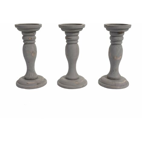 Lot de 3 bougeoirs style vintage hauteur 24cm en bois gris - gris