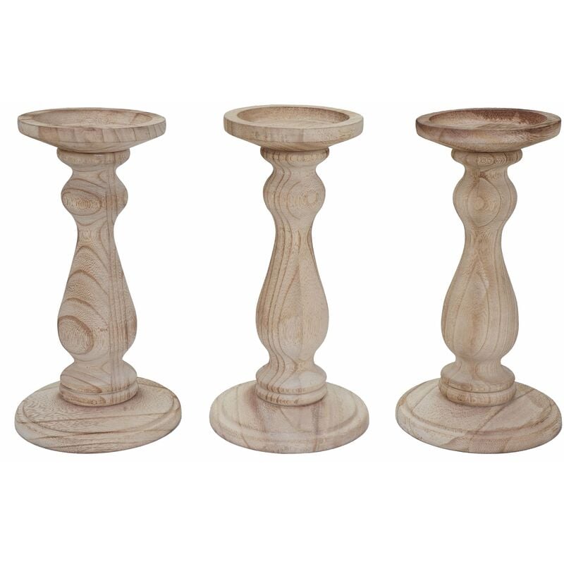 Lot de 3 bougeoirs style vintage hauteur 24cm en bois marron naturel 040002989