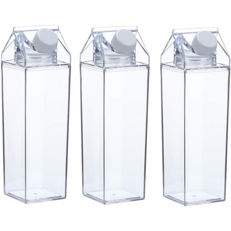 Lot de 3 bouteilles d'eau en carton de lait clair carré bouteilles de lait tasse en plastique étanche
