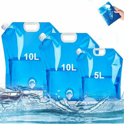 Lot de 3 bouteilles d'eau pliables avec robinet 2 x 10 L + 1 x 5 L bouteille d'eau potable portable sans BPA bouteille d'eau pliable pour camping barbecue pique-nique voyage en plein air (bleu)