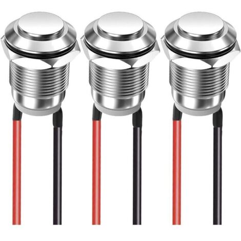 Lot de 3 boutons poussoirs momentanés 12 mm 2 A 12 V/24 V/125 V/250 V, étanches, en acier inoxydable, marche/arrêt, avec filetage (tête haute)