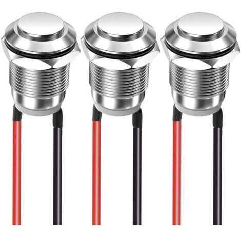 Lot de 3 boutons poussoirs momentanés 12 mm 2 A 12 V/24 V/125 V/250 V, étanches, en acier inoxydable, marche/arrêt, avec filetage (tête haute)