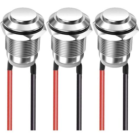Lot de 3 Boutons Poussoirs Momentanés 12mm 2A 12V-250V Étanches Acier Inoxydable Marche Arrêt Filetage Tête Haute