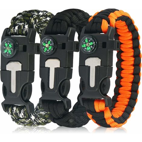 Lot de 3 bracelets en paracorde de survie en plein air pour camping, randonnée, outils multifonctions, allume-feu, boussole et sifflet