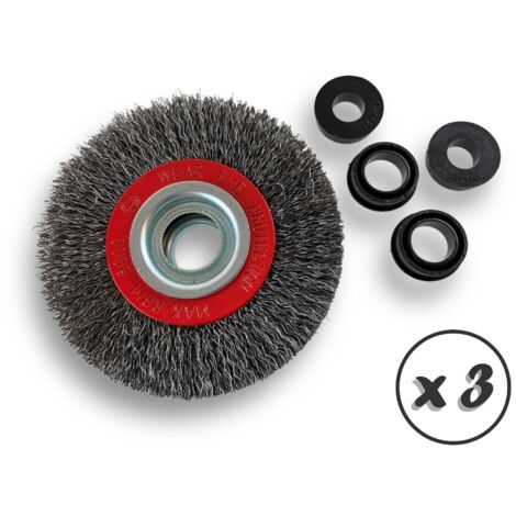 Lot de 3 brosses circulaires ACIER  Ø 100 mm  Epaisseur 3 rangs  Fil dur 0.30 mm ondulé  Alésage 16 mm  Touret meuleuse affûteuse ponceuse  Brossage décapage polissage  Kibros 234103ATx3