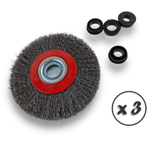 Lot de 3 brosses circulaires ACIER  Ø 125 mm  Epaisseur 3 rangs  Fil dur 0.30 mm ondulé  Alésage 16 mm  Touret meuleuse affûteuse ponceuse  Brossage décapage polissage  Kibros 234128ATx3
