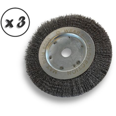 Lot de 3 brosses circulaires ACIER  Ø 175 mm  Epaisseur 1 rang  Fil dur 0.30 mm ondulé  Alésage 20 mm + réducteur bague 16/12 mm  Touret meuleuse affûteuse ponceuse  Kibros 214176ATx3