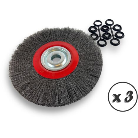 Lot de 3 brosses circulaires ACIER  Ø 300 mm  Epaisseur 2 rangs  Fil dur 0.30 mm ondulé  Alésage 32 mm + réducteur bague 25/22/20/16/12 mm  Touret affûteuse ponceuse  Kibros 231302ATx3