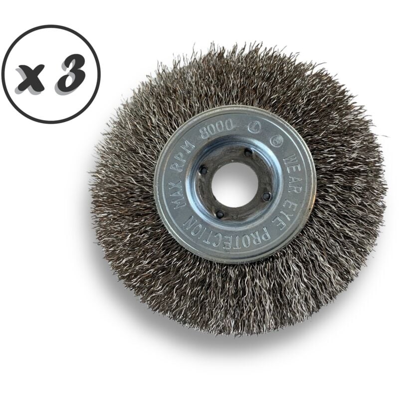 Lot de 3 brosses circulaires inox ø 100 mm Epaisseur 1 rang Fil dur 0.30 mm ondulé Alésage 16 mm Touret meuleuse affûteuse ponceuse Brossage décapage