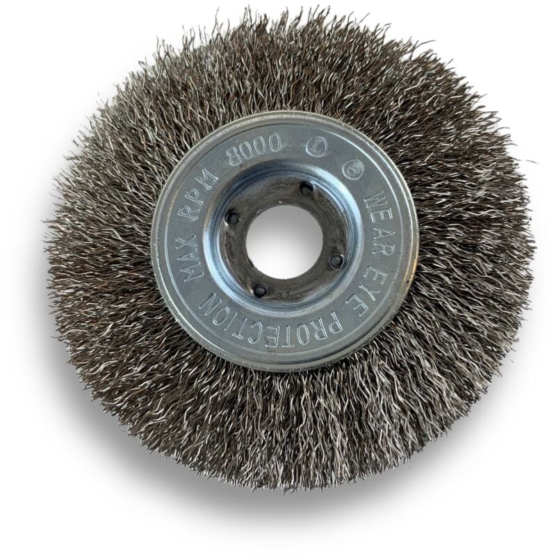 Brosse circulaire inox ø 100 mm Epaisseur 1 rang Fil dur 0.30 mm ondulé Alésage 16 mm Touret meuleuse affûteuse ponceuse Brossage décapage polissage