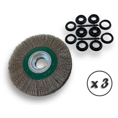 Lot de 3 brosses circulaires INOX Ø 175 mm Epaisseur 2 rangs Fil souple 0.20 mm ondulé Alésage 32 mm + réducteur bague 25/22/20/16/12 mm Touret affûteuse ponceuse Kibros 235177IVx3