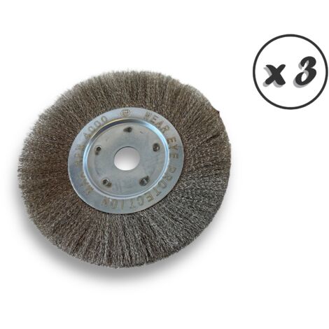 Lot de 3 brosses circulaires INOX  Ø 250 mm  Epaisseur 1 rang  Fil dur 0.30 mm ondulé  Alésage 32 mm + réducteur bague 25/22/20/16/12 mm  Touret affûteuse ponceuse  Kibros 211251ITx3