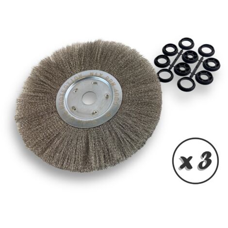 Lot de 3 brosses circulaires INOX  Ø 300 mm  Epaisseur 1 rang  Fil souple 0.20 mm ondulé  Alésage 32 mm + réducteur bague 25/22/20/16/12 mm  Touret affûteuse ponceuse  Kibros 211301IVx3