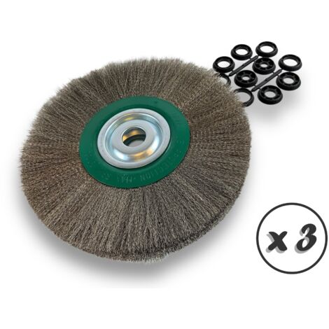 Lot de 3 brosses circulaires INOX Ø 300 mm Epaisseur 2 rangs Fil souple 0.20 mm ondulé Alésage 32 mm + réducteur bague 25/22/20/16/12 mm Touret affûteuse ponceuse Kibros 231302IVx3