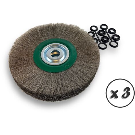 Lot de 3 brosses circulaires INOX  Ø 300 mm  Epaisseur 3 rangs  Fil souple 0.20 mm ondulé  Alésage 32 mm + réducteur bague 25/22/20/16/12 mm  Touret affûteuse ponceuse  Kibros 231303IVx3