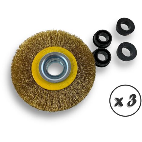 Lot de 3 brosses circulaires LAITON Ø 100 mm Epaisseur 2 rangs Fil souple 0.20 mm ondulé Alésage 16 mm Touret meuleuse affûteuse ponceuse Brossage décapage polissage Kibros 234102LVx3