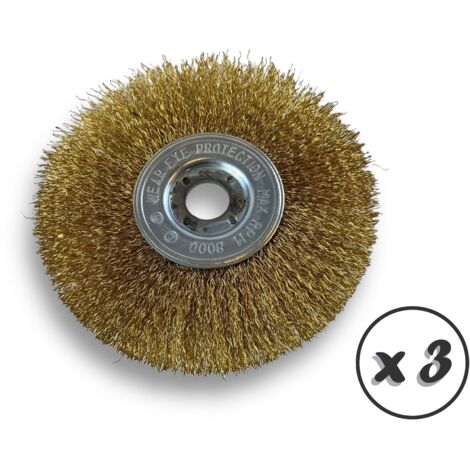 Lot de 3 brosses circulaires LAITON  Ø 125 mm  Epaisseur 1 rang  Fil dur 0.30 mm ondulé  Alésage 16 mm  Touret meuleuse affûteuse ponceuse  Brossage décapage polissage  Kibros 214126LTx3