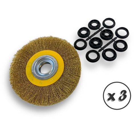 Lot de 3 brosses circulaires LAITON  Ø 175 mm  Epaisseur 3 rangs  Fil dur 0.30 mm ondulé  Alésage 32 mm + réducteur bague 25/22/20/16/12 mm  Touret affûteuse ponceuse  Kibros 235178LTx3