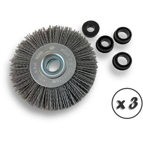 Lot de 3 brosses circulaires NYLON Abrasif  Ø 125 mm  Epaisseur 2 rangs  Carbure de silicium Grain 80  Alésage 16 mm  Touret meuleuse ponceuse  Brossage décapage  Kibros 234127KR80x3