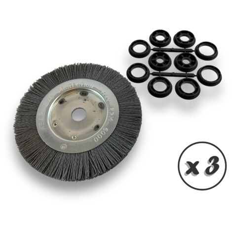 Lot de 3 brosses circulaires NYLON Abrasif  Ø 175 mm  Epaisseur 1 rang  Carbure de silicium Grain 240  Alésage 20 mm + réducteur bague 16/12 mm  Touret meuleuse ponceuse  Kibros 214176KR240x3