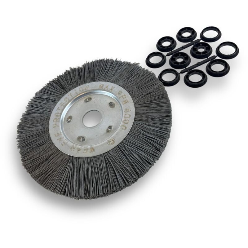 Brosse circulaire nylon Abrasif ø 250 mm Epaisseur 1 rang Carbure de silicium Grain 240 Alésage 32 mm + réducteur bague 25/22/20/16/12 mm Touret