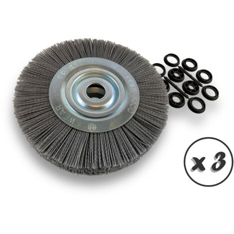Lot de 3 brosses circulaires NYLON Abrasif  Ø 250 mm  Epaisseur 3 rangs  Carbure de silicium Grain 80  Alésage 32 mm + réducteur bague 25/22/20/16/12 mm  Touret ponceuse  Kibros 231253KR80x3